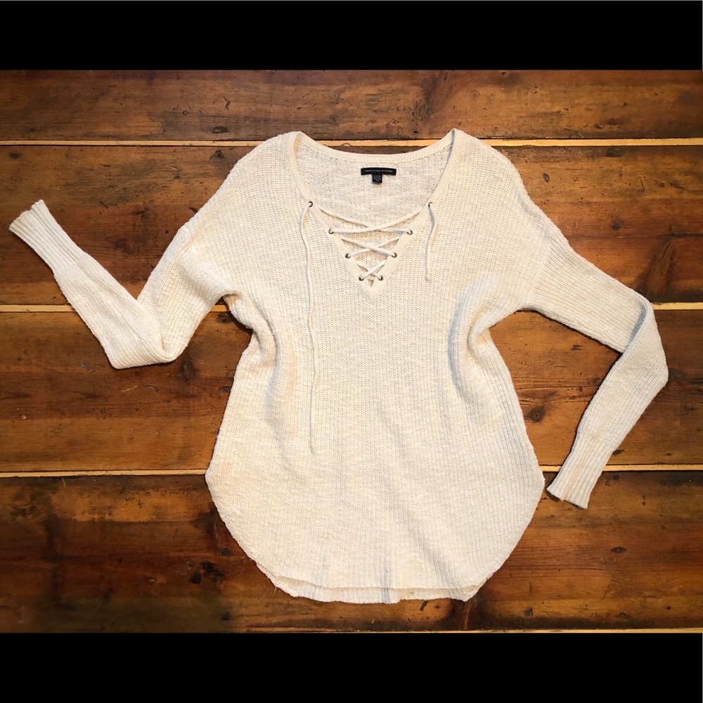 Oversized Ivory American Eagle lace up sweater